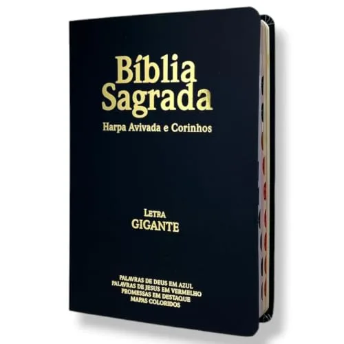 bíblia sagrada letra grande gigante preta com índice e harpa borda dourada folha ppm linguagem arc